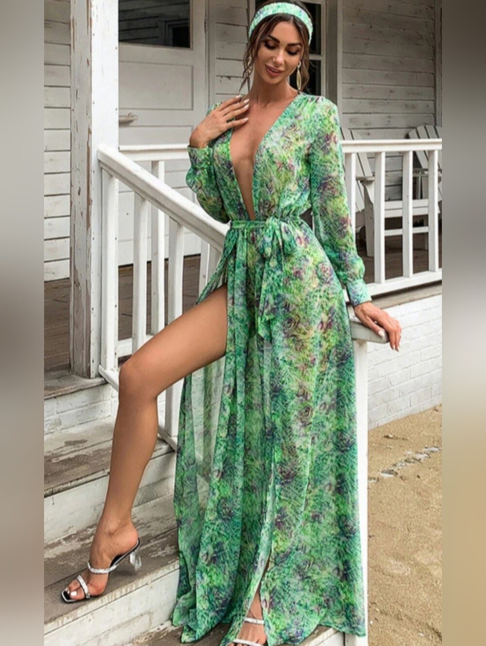 Miss Ord Deep V Lace High Slit Maxi Dress